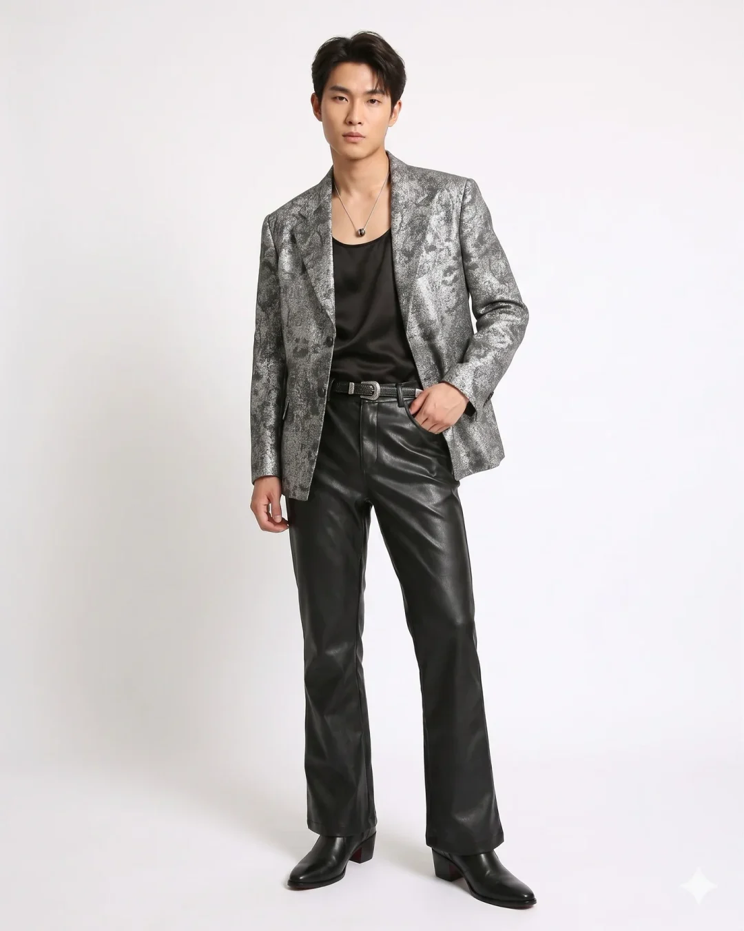 Ảnh 1 của Set blazer nhũ bạc quần da