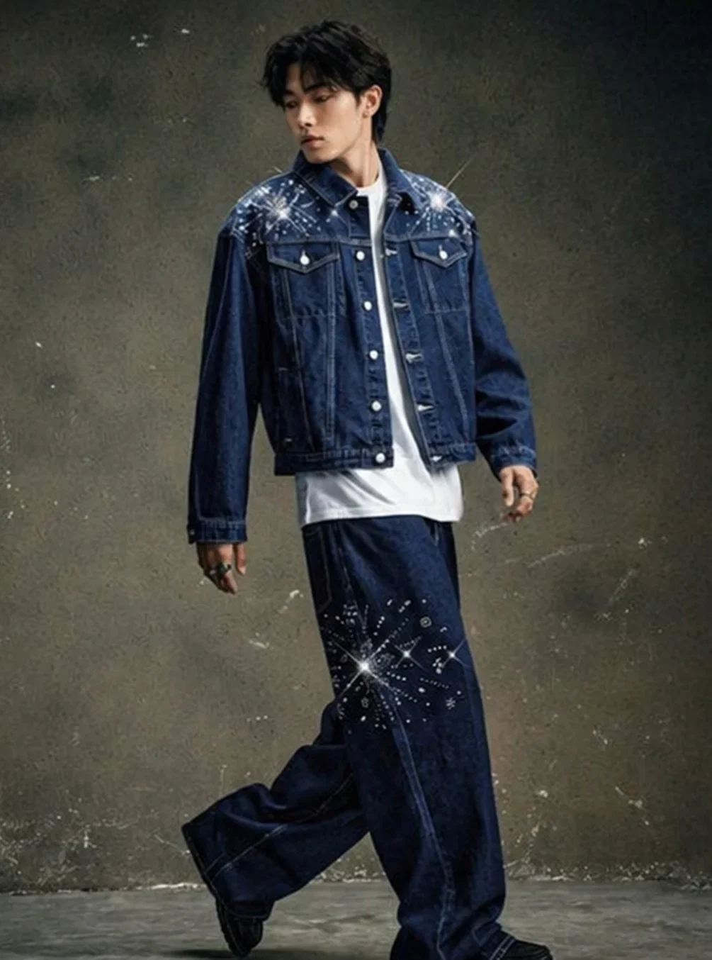 Ảnh 2 của Set jeans ống rộng đính đá