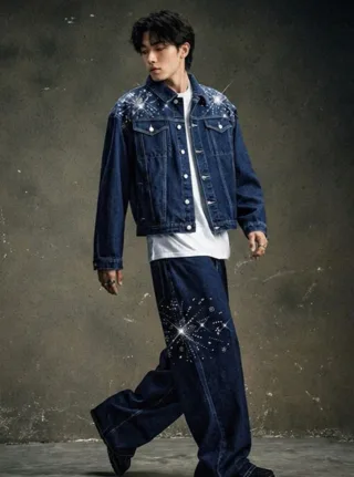 Ảnh 2 của Set jeans ống rộng đính đá