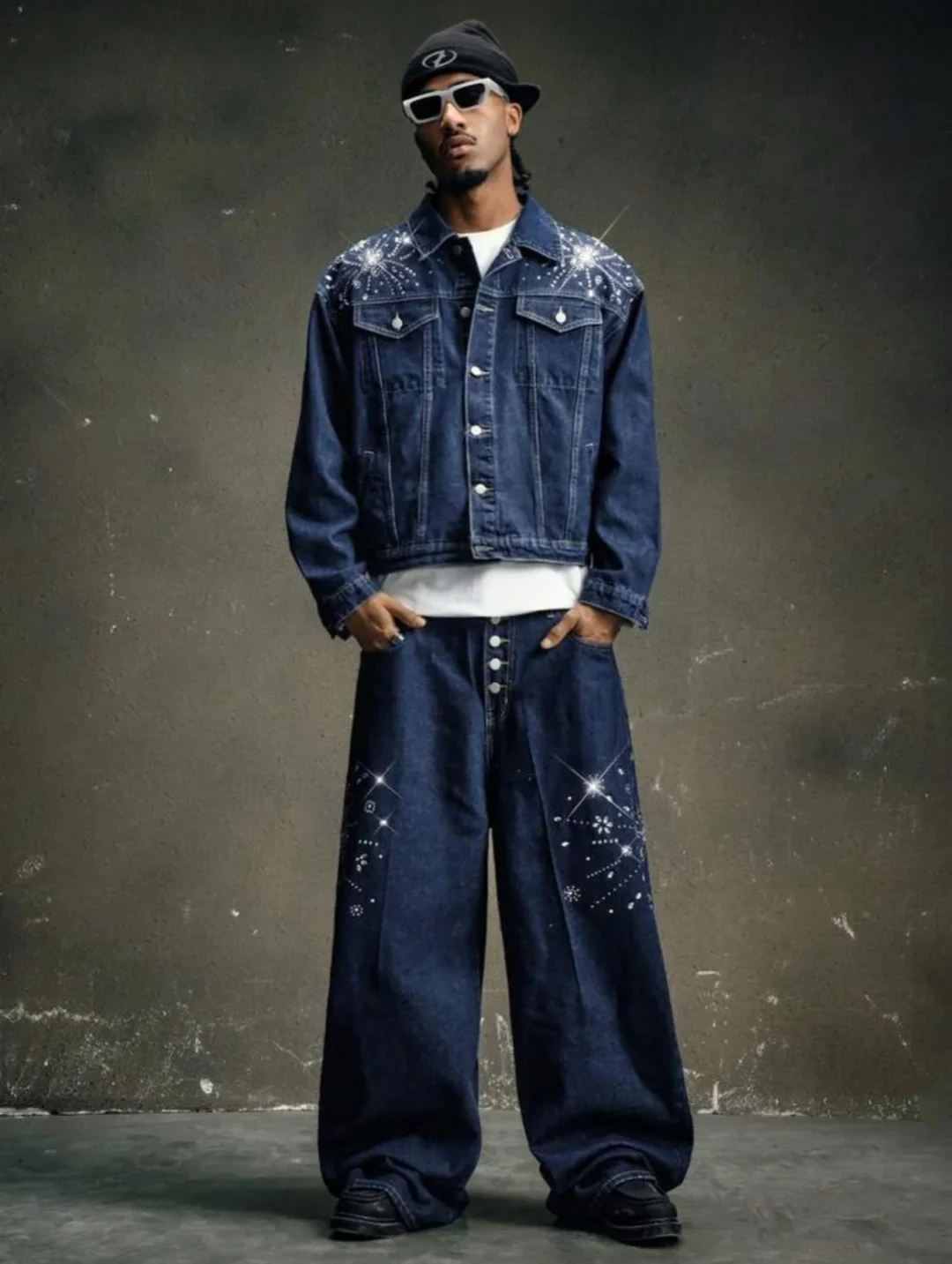 Photo 1 of Set jeans ống rộng đính đá nam