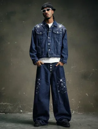 Photo 1 of Set jeans ống rộng đính đá nam