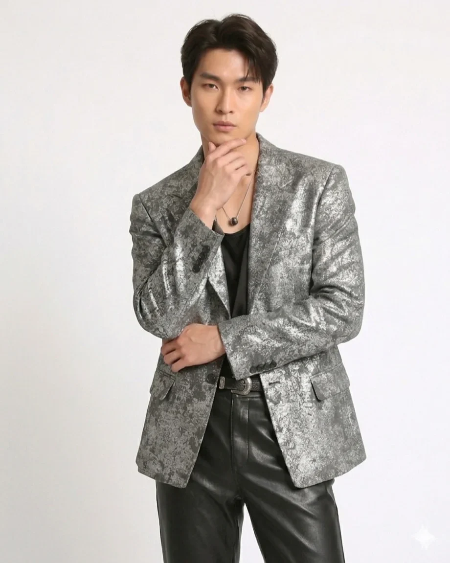 Ảnh 2 của Set blazer nhũ bạc quần da