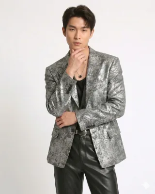 Ảnh 2 của Set blazer nhũ bạc quần da