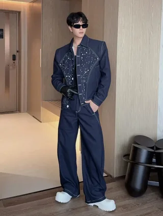 Photo 1 of Set denim xanh đính ngọc trai nam