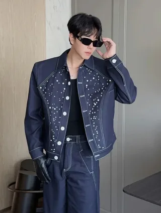 Photo 3 of Set denim xanh đính ngọc trai nam