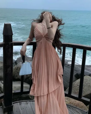 Photo 1 of Váy maxi xếp nếp hồng đào nữ