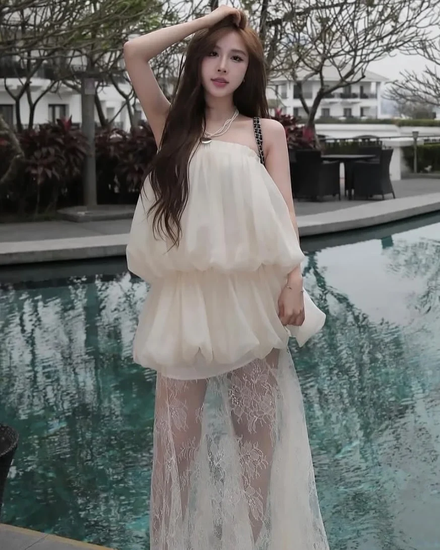 Photo 1 of Set áo voan trắng babydoll kèm chân váy ren
