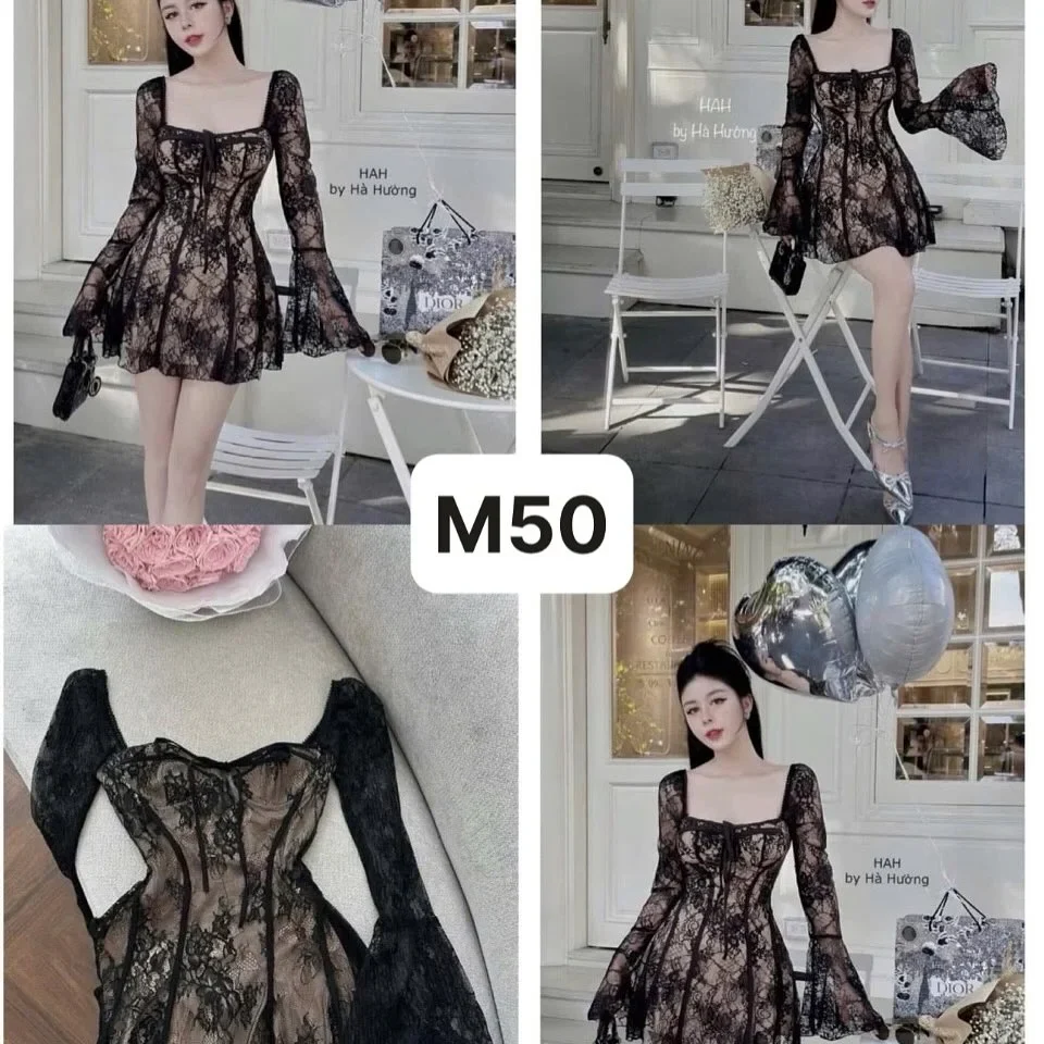 Photo 3 of Váy ren mini đen tay dài nữ
