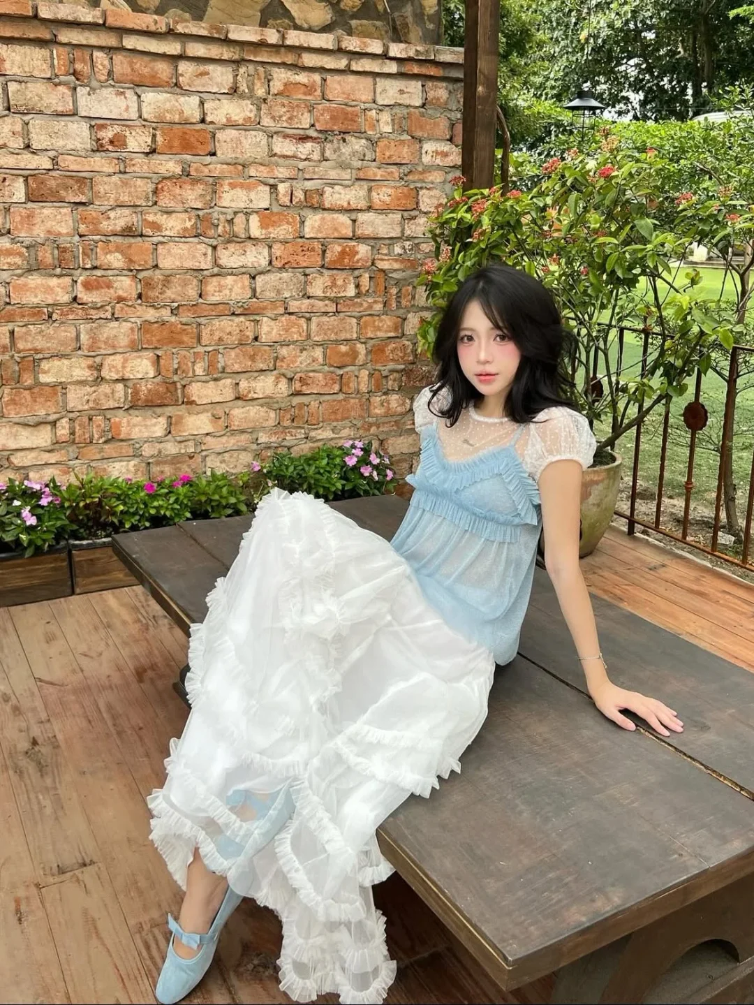 Photo 7 of Váy công chúa xòe bèo xanh nhạt nữ