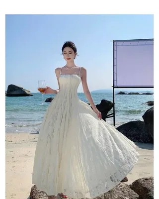 Ảnh 1 của Đầm maxi ren trắng kem nữ boho