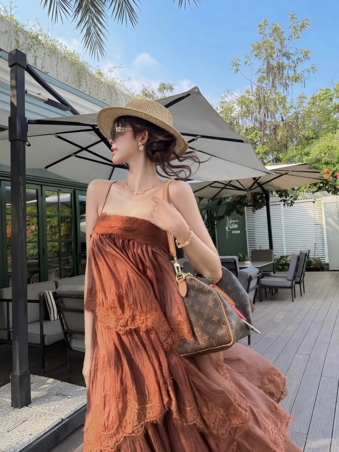 Ảnh 2 của Đầm maxi ren nâu gỉ boho nữ