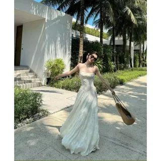 Ảnh 1 của Váy maxi trắng thêu hoa strapless nữ