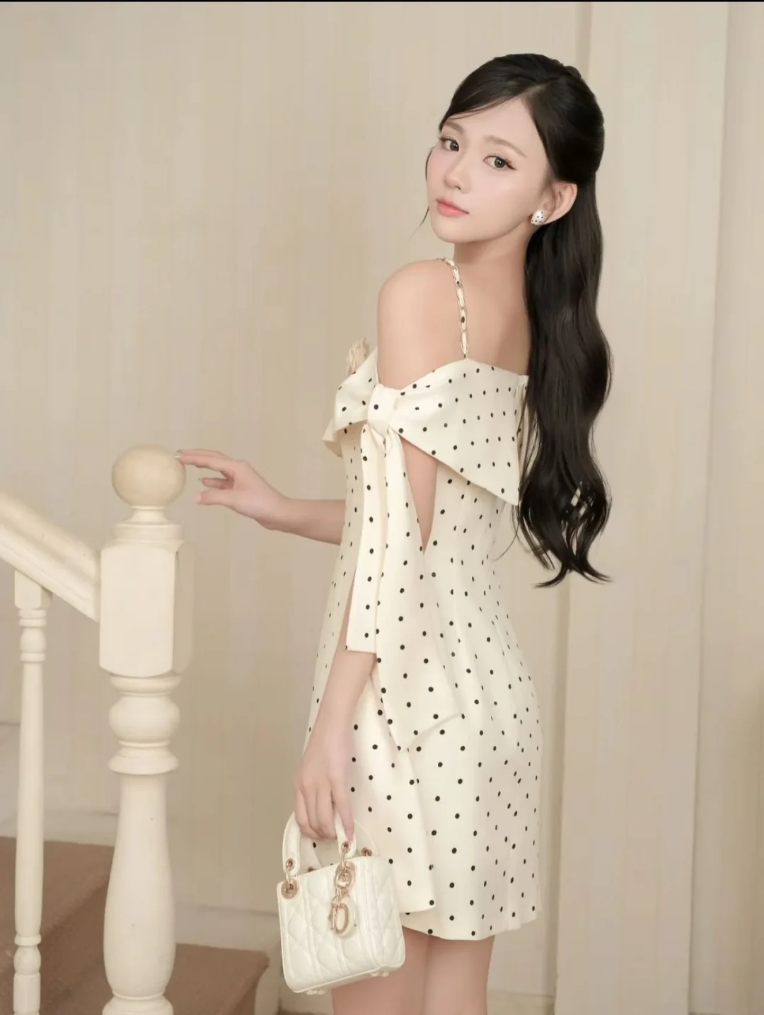 Ảnh 3 của Váy trễ vai chấm bi trắng kem nữ