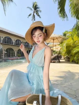 Ảnh 2 của Váy maxi voan xanh pastel nữ cho thuê
