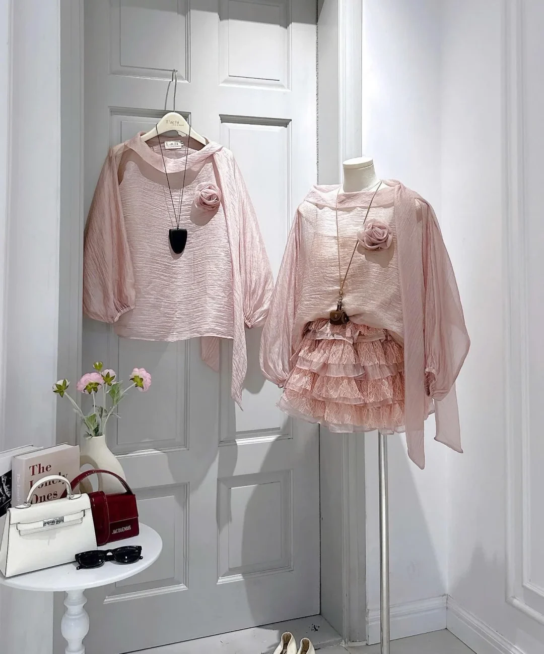 Ảnh 5 của Set áo voan tay phồng nữ màu nude