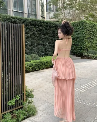 Photo 4 of Váy maxi xếp nếp hồng đào nữ