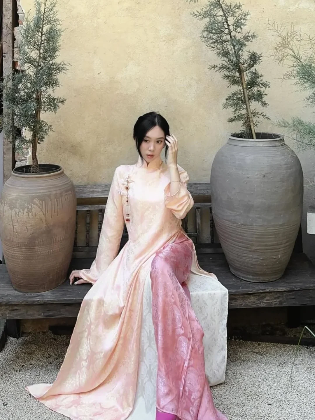 Ảnh 2 của Áo dài nữ lụa hồng pastel truyền thống