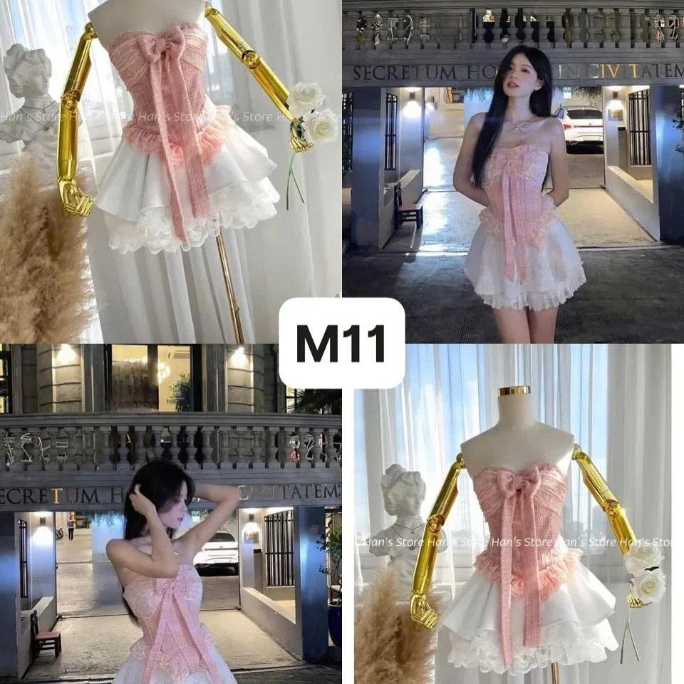 Ảnh 5 của Đầm ngắn hồng trắng nơ lớn nữ