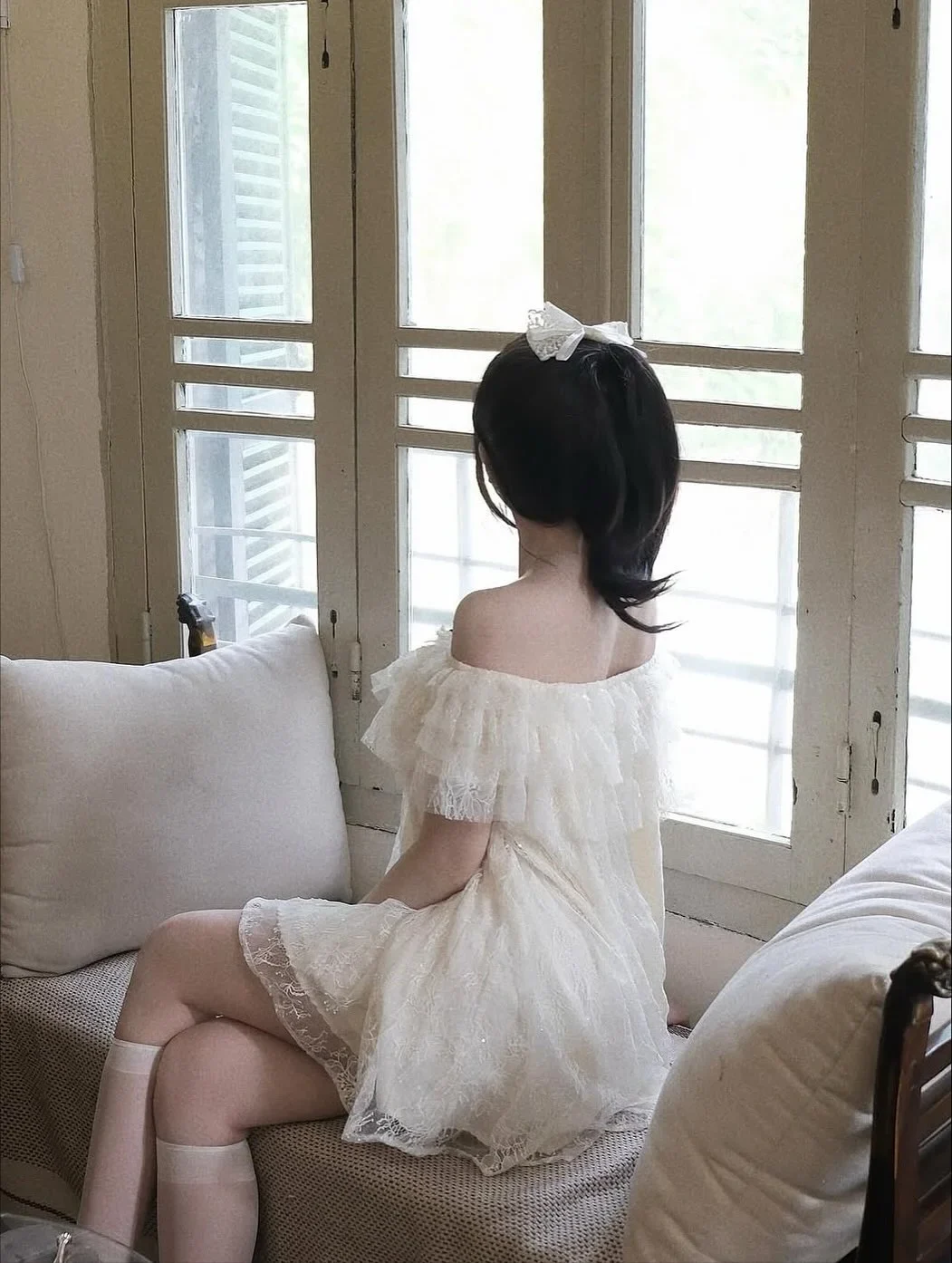 Photo 5 of Váy trễ vai voan kem babydoll nữ