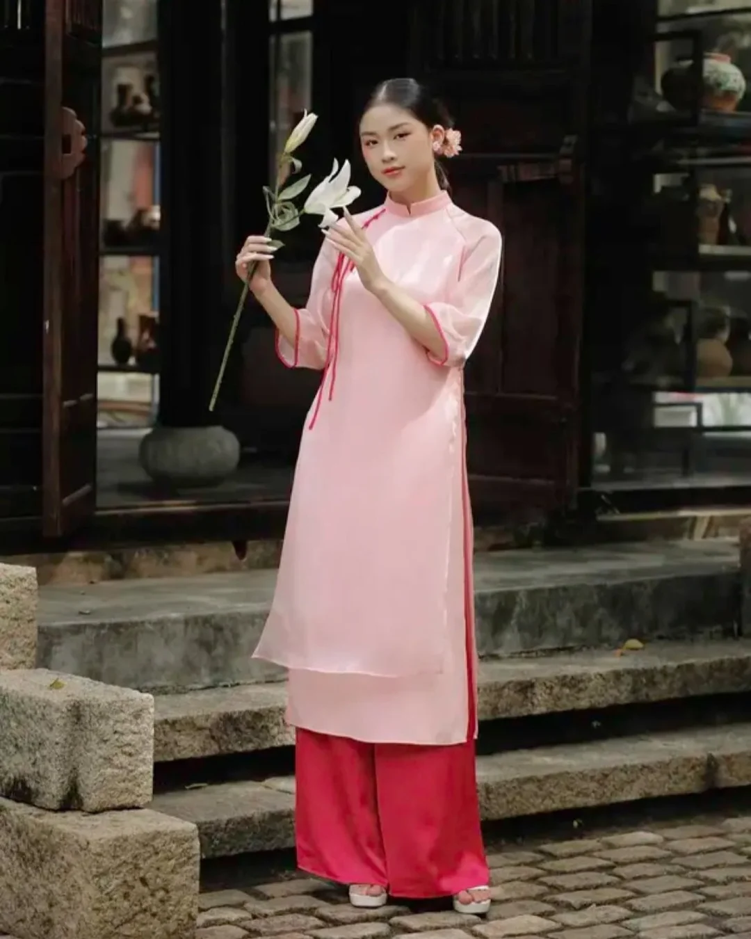 Photo 2 of Set áo dài voan kiếng hồng size M nữ