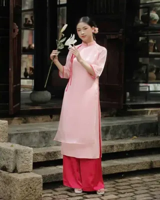 Photo 2 of Set áo dài voan kiếng hồng size M nữ