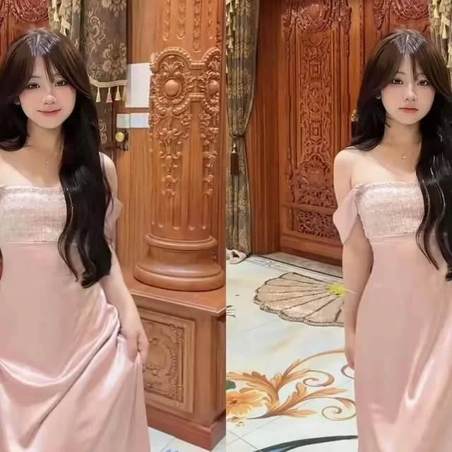 Ảnh 1 của Áo dài hồng satin trễ vai nữ