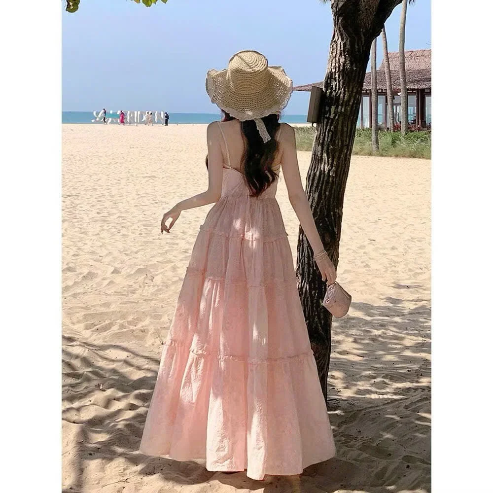 Ảnh 4 của Váy maxi hồng nhạt ren tầng nữ