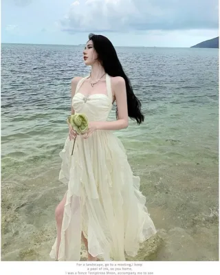 Ảnh 1 của Đầm maxi voan halter màu kem nữ