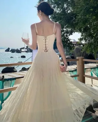 Ảnh 2 của Đầm maxi ren trắng kem nữ boho