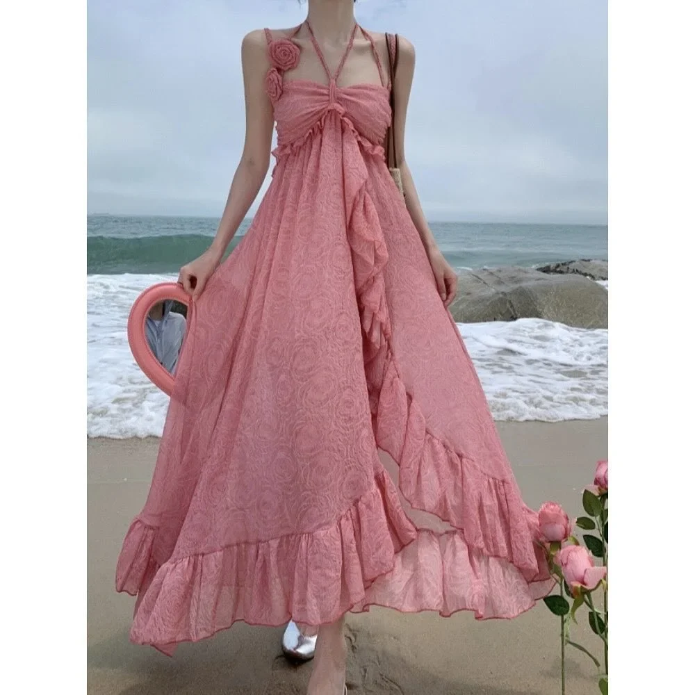 Ảnh 3 của Váy maxi ren vintage màu hồng nữ