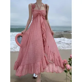 Ảnh 3 của Váy maxi ren vintage màu hồng nữ