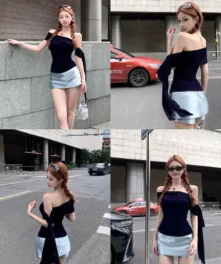 Photo 4 of Set Áo Lệch Vai Đen Chân Váy Satin Xanh