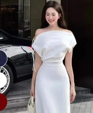 Photo 4 of Đầm maxi trễ vai trắng satin nữ