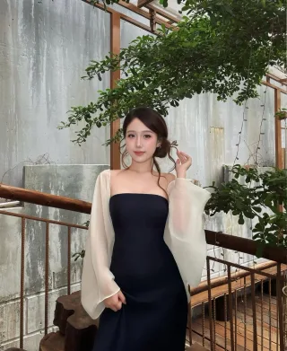 Ảnh 4 của Đầm cúp ngực tay voan xanh navy nữ