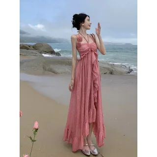 Ảnh 2 của Váy maxi ren vintage màu hồng nữ