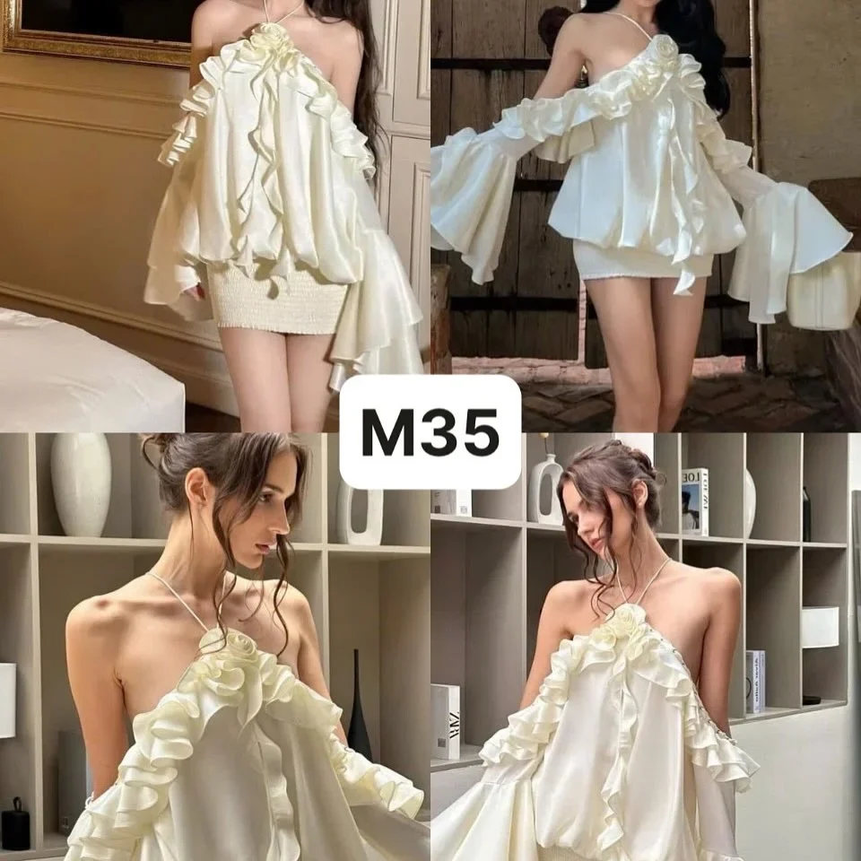 Ảnh 5 của Set áo trễ vai bèo nhún kem nữ