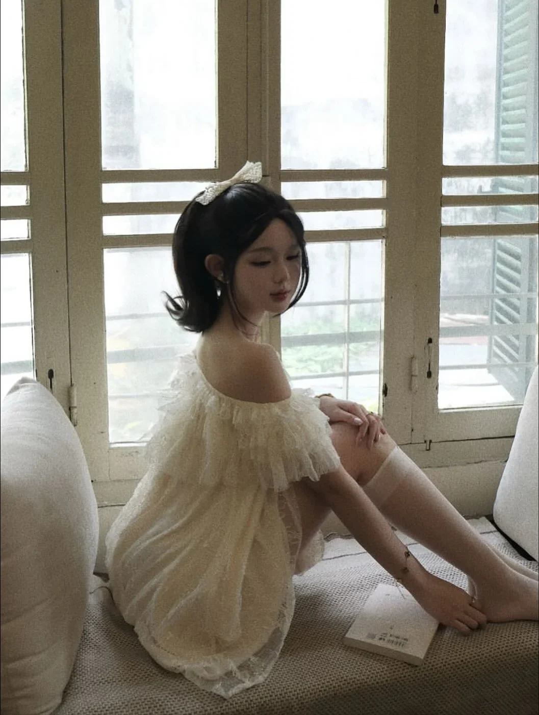 Photo 4 of Váy trễ vai voan kem babydoll nữ
