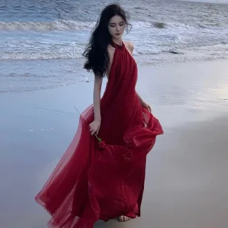 Ảnh 1 của Váy maxi đỏ voan hở lưng freesize