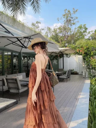 Ảnh 1 của Đầm maxi ren nâu gỉ boho nữ