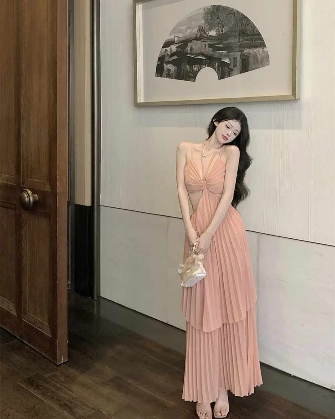 Photo 3 of Váy maxi xếp nếp hồng đào nữ
