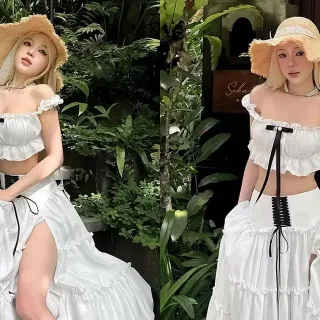 Photo 1 of Set Áo Crop Maxi Trắng Nữ Tính