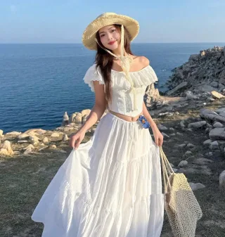 Ảnh 4 của Váy maxi trắng trễ vai boho nữ