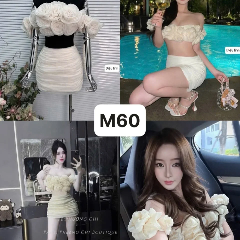 Ảnh 5 của Áo crop hoa nổi vai trần màu kem