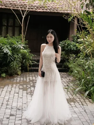 Ảnh 1 của Váy tiệc ren trắng dài nữ size S M