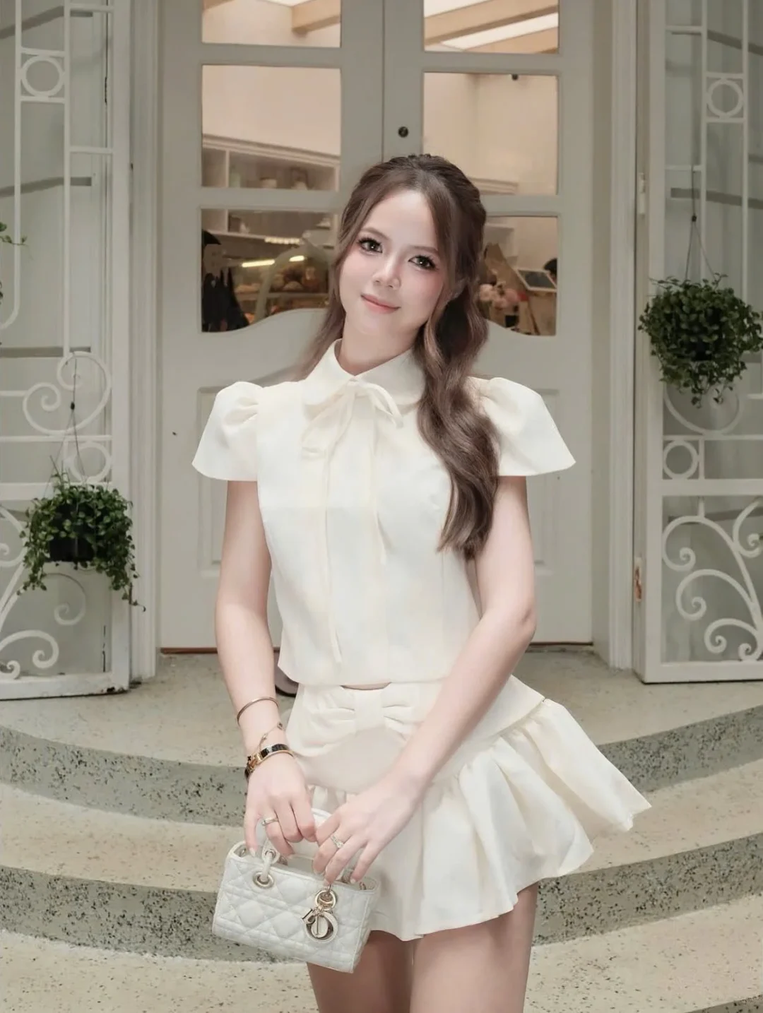 Ảnh 1 của Set áo váy nữ trắng nơ thanh lịch