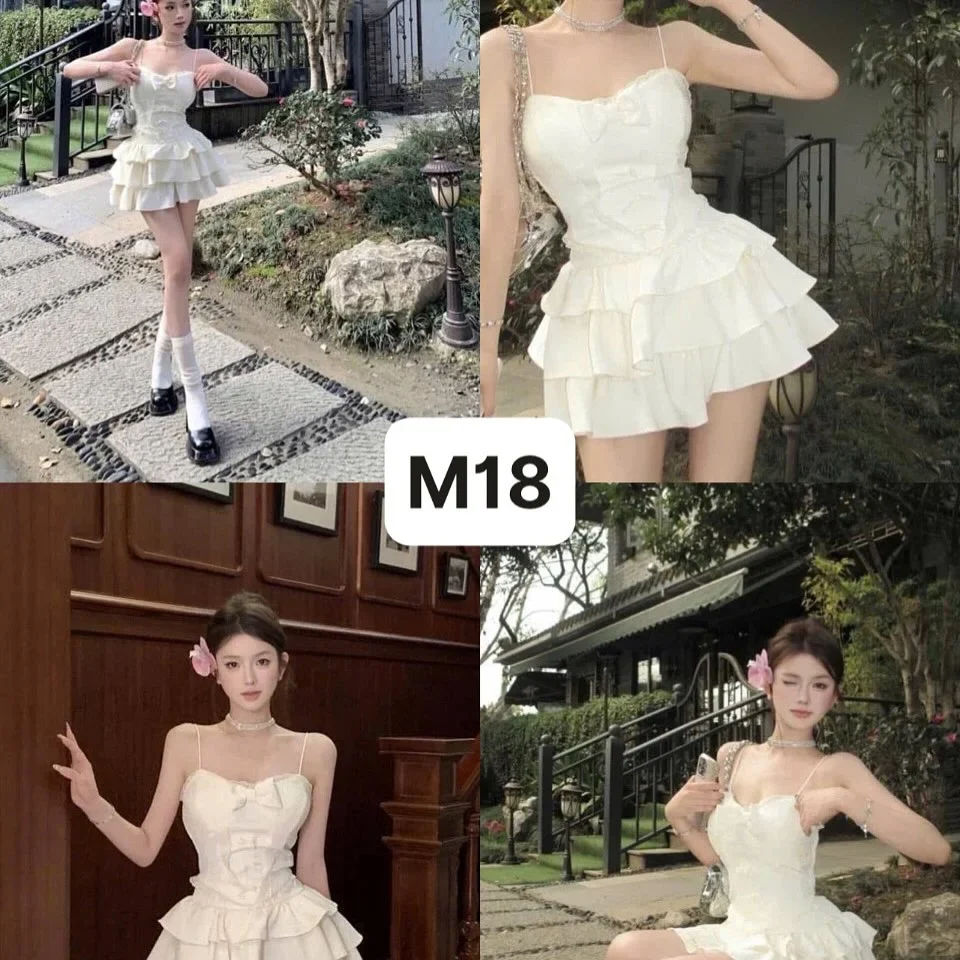Photo 5 of Đầm mini trắng hai dây bèo nhún nữ