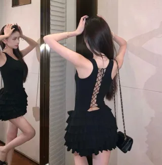 Ảnh 1 của Đầm bodycon đen hở lưng ruffle nữ
