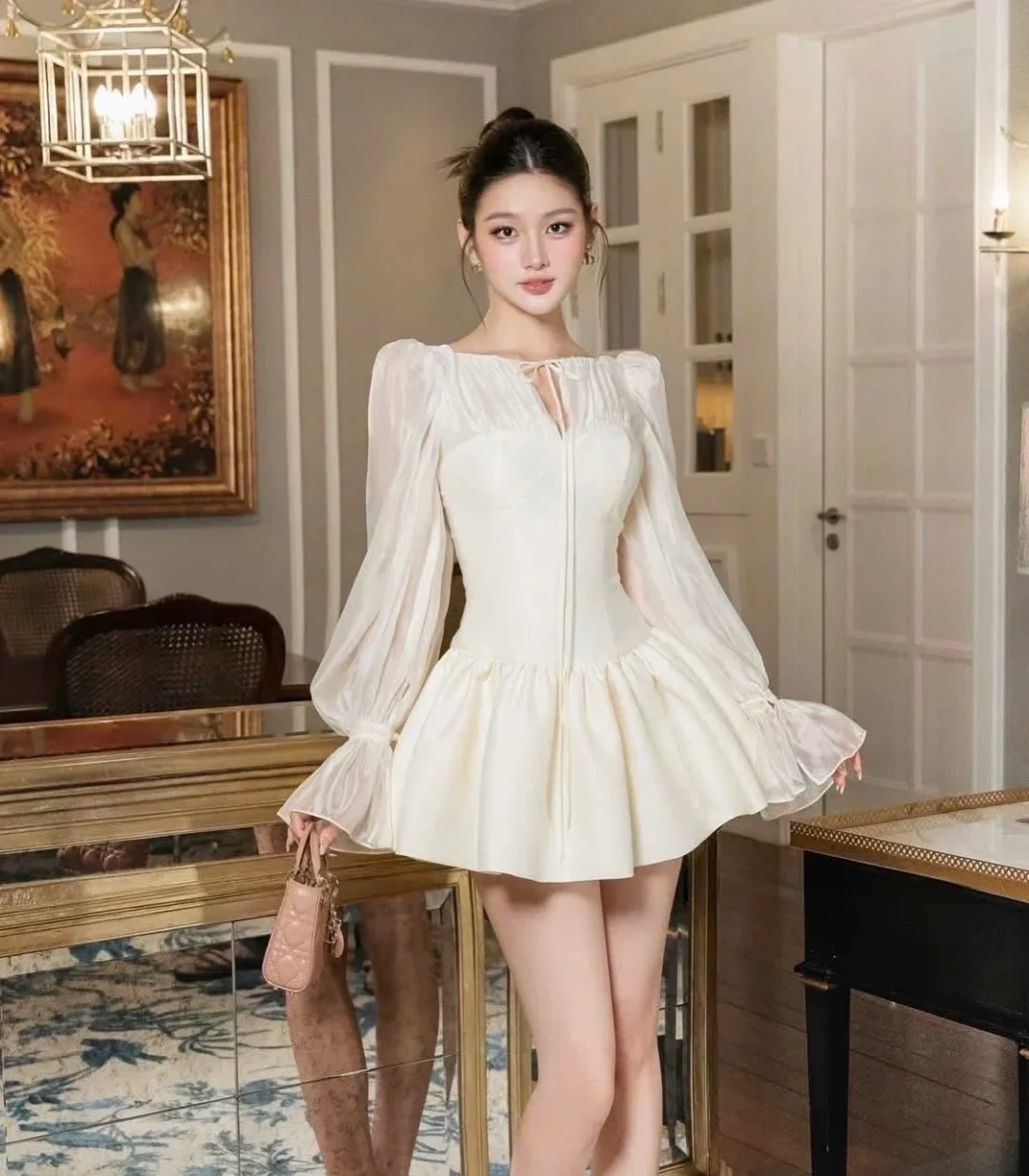 Ảnh 1 của Đầm mini trắng tay phồng voan nữ
