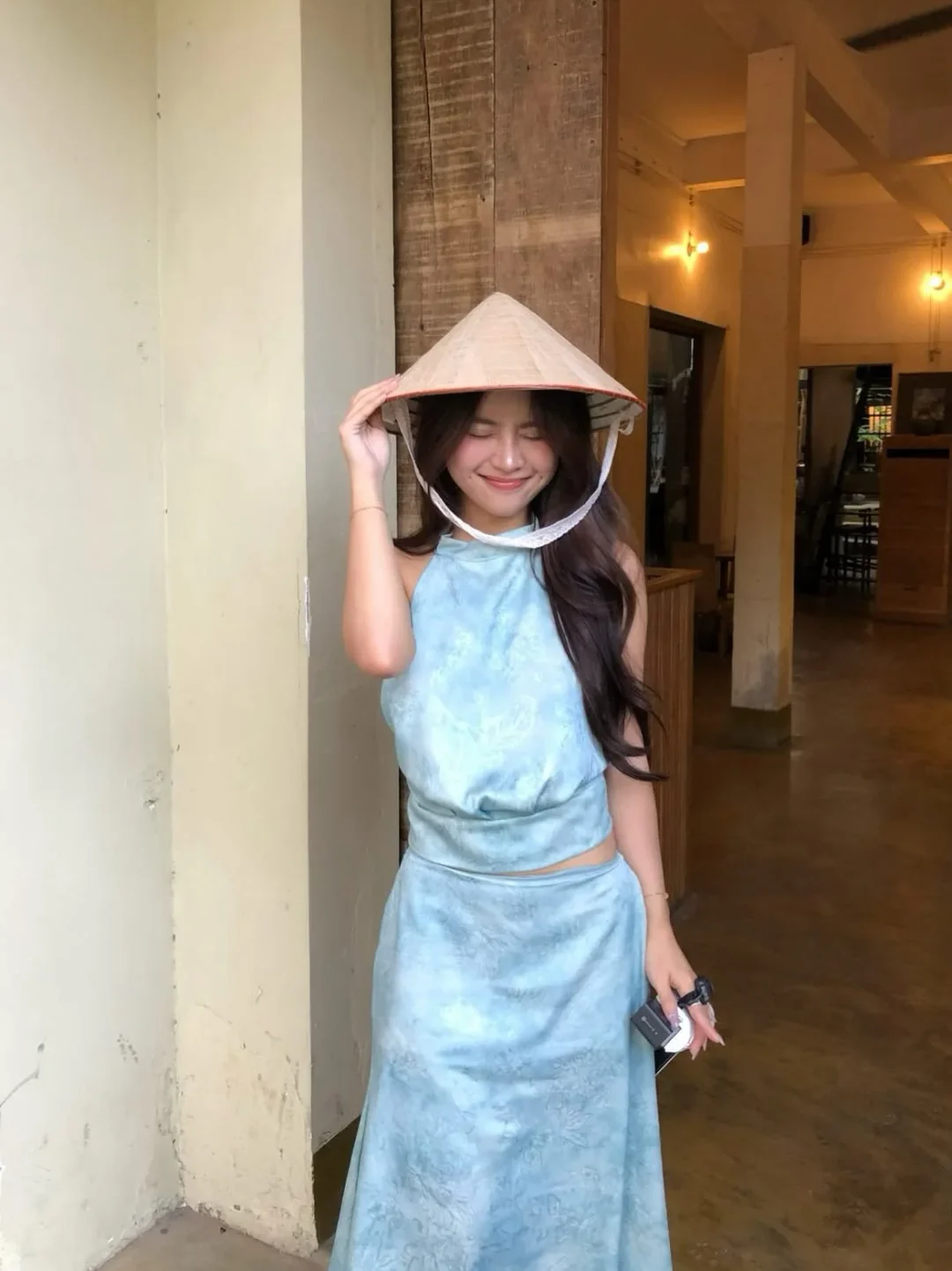 Photo 4 of Set croptop váy maxi loang xanh nữ