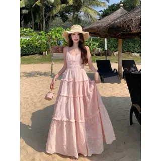 Ảnh 2 của Váy maxi hồng nhạt ren tầng nữ
